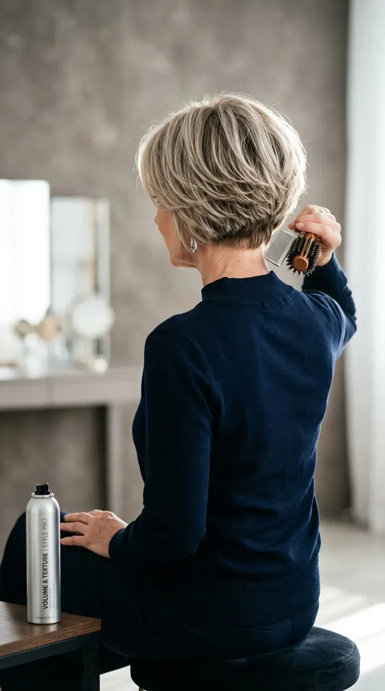 Woman over 60 with a stacked choppy bob, fuller and layered at the back