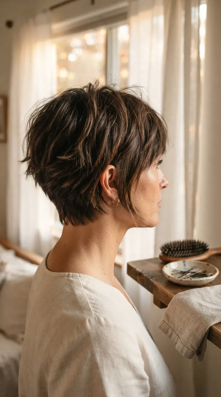 Side profile of a stacked choppy bob with fuller layers at the back and crown