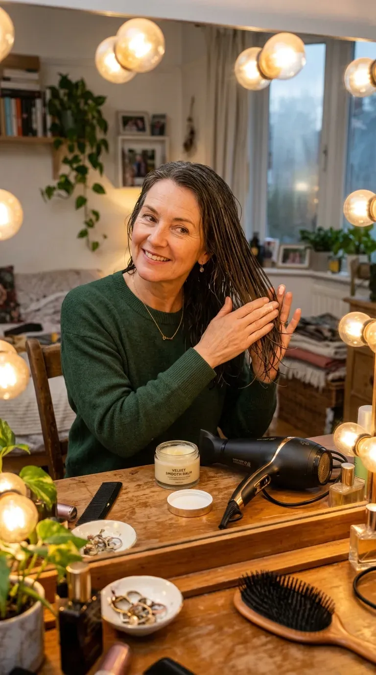 Woman over 50 applying straightening balm to layered hair before blow-drying