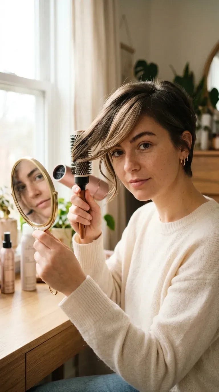 Woman with swoopy side bangs sweeping across a longer pixie cut