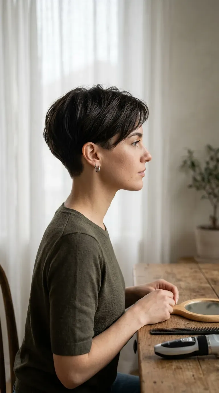 Woman with a tapered pixie cut showing a neat, gradually longer top