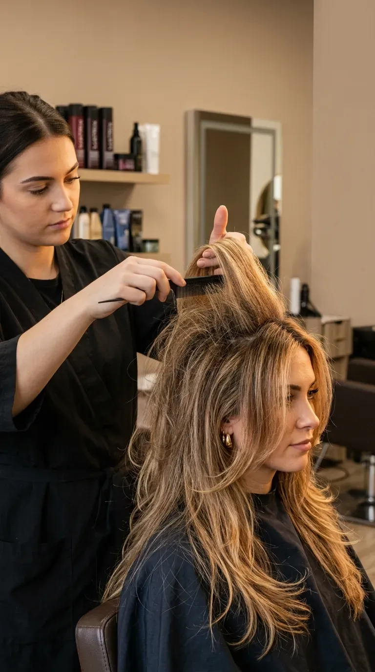 Woman over 50 with teased crown finish styled for extra height on layered hair