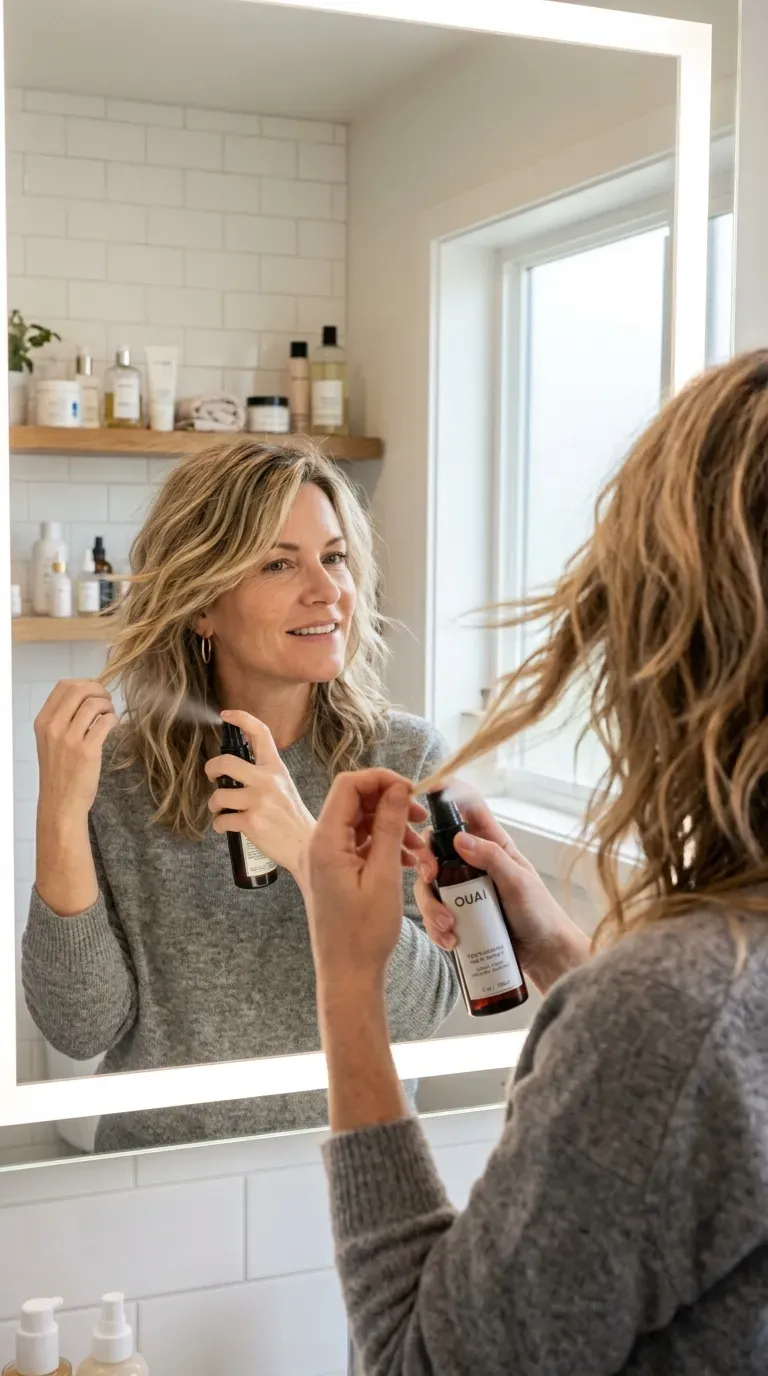 Mature woman applying texture spray to layered hair for tousled finish