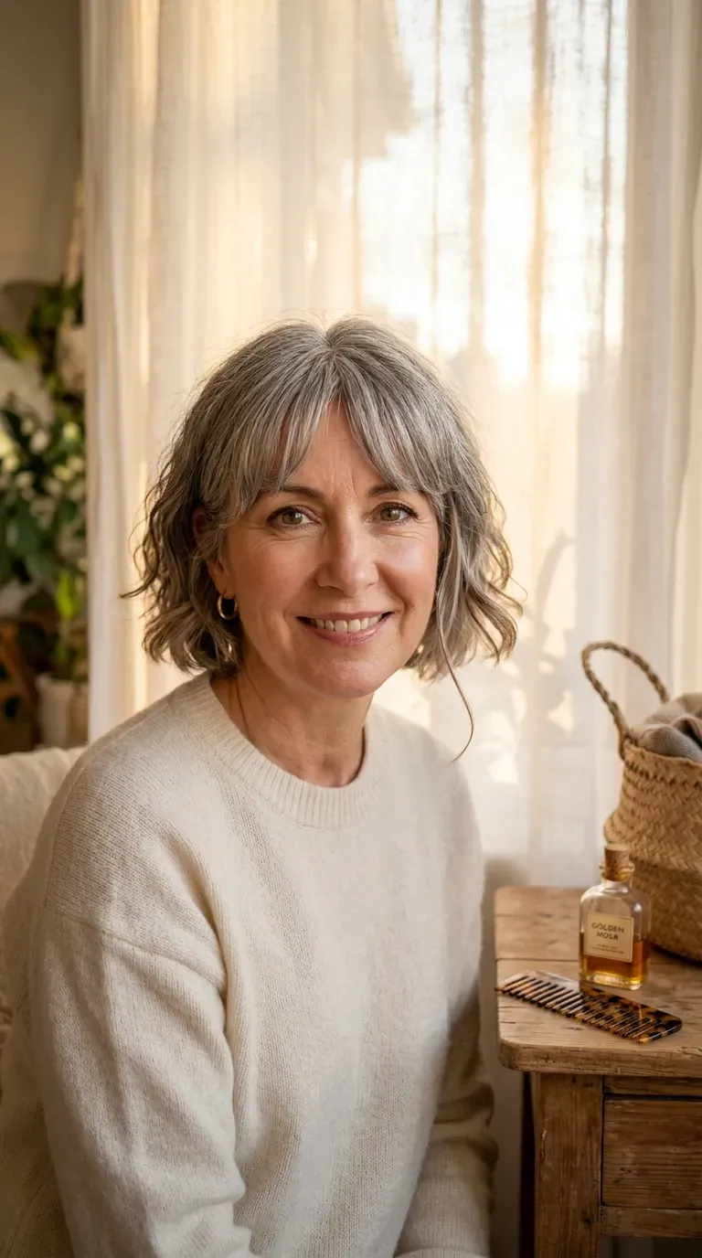 Woman over 50 with a textured bob and soft curtain bangs parted at the center