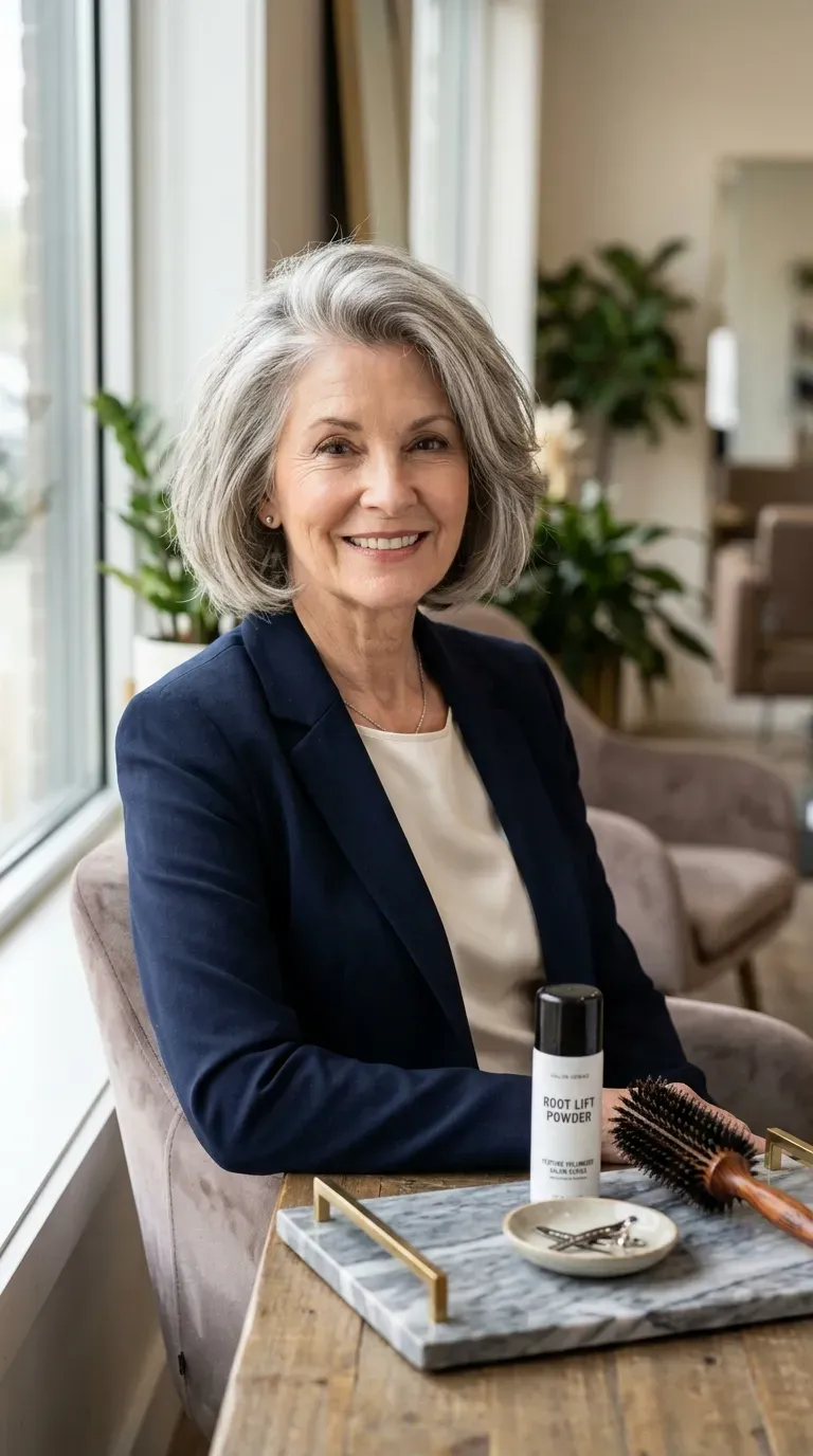 Woman over 70 with a textured bob styled with noticeable lift at the roots