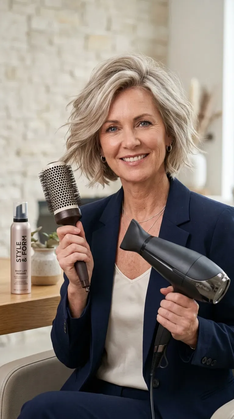 Woman over 60 with a textured choppy bob styled with lifted root volume
