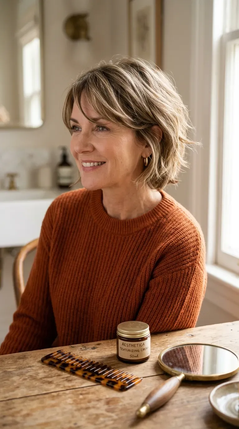 Woman over 50 with a textured bob and a soft side-swept fringe framing the face
