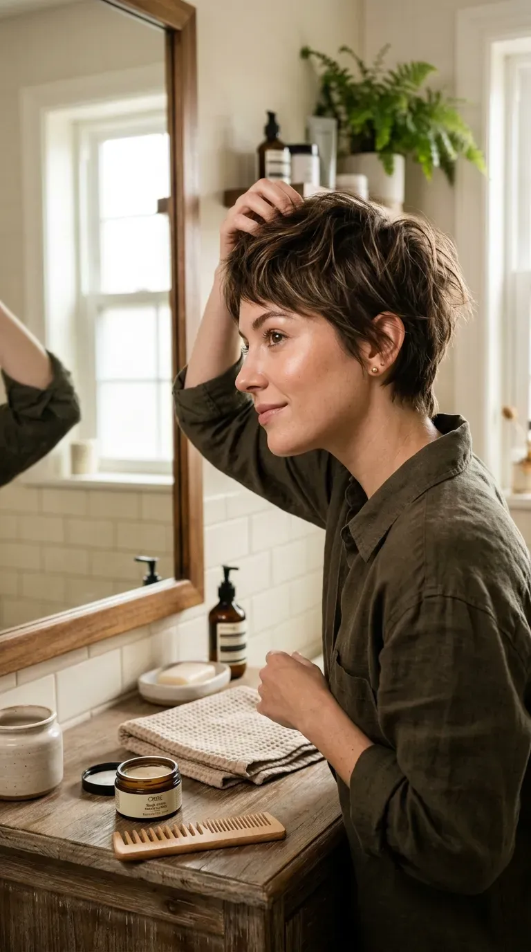 Woman with a textured choppy pixie haircut showing piecey layers throughout