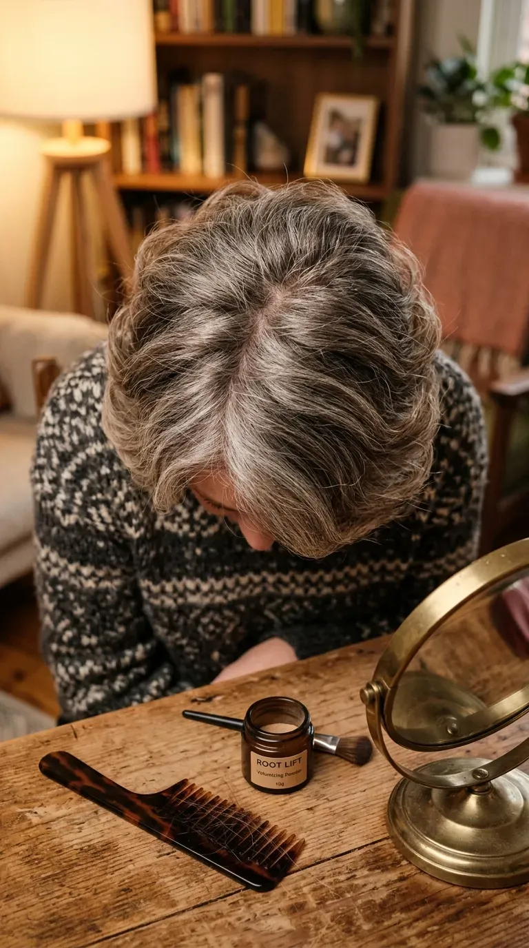 Woman over 50 with a textured cropped bob and a soft fringe across the forehead