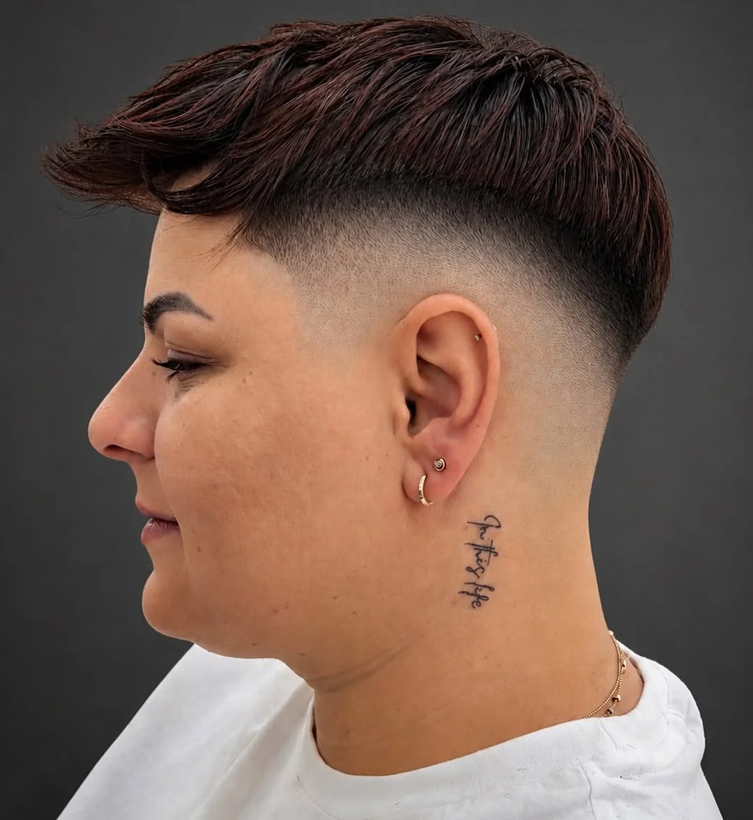 Woman with an edgy textured crop pixie featuring a high fade at the sides