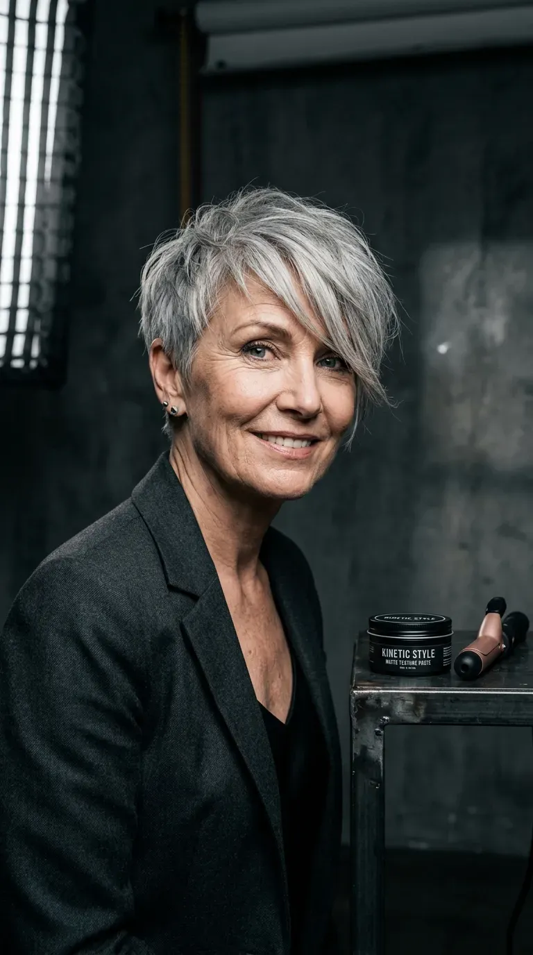 Woman over 60 with a short textured crop and a longer layered fringe sweeping forward
