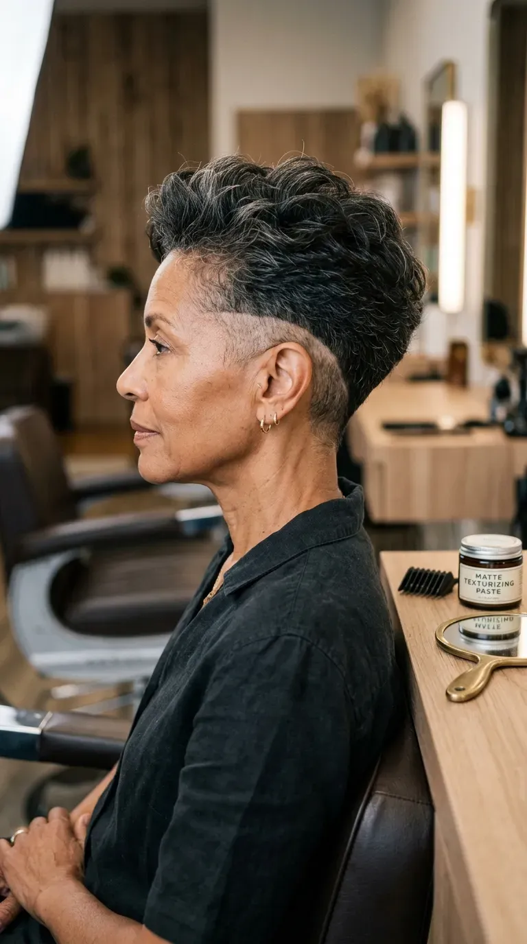 Side view of a textured crop with a subtle undercut at the nape for a woman over 60