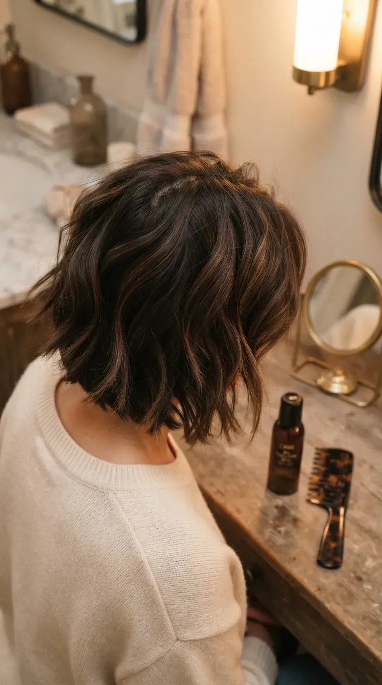 Elevated angle view of a choppy bob with textured, lifted layers at the crown