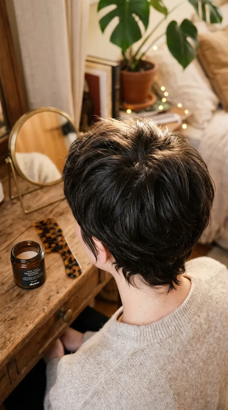 Elevated angle view of a pixie haircut with textured, lifted layers at the crown