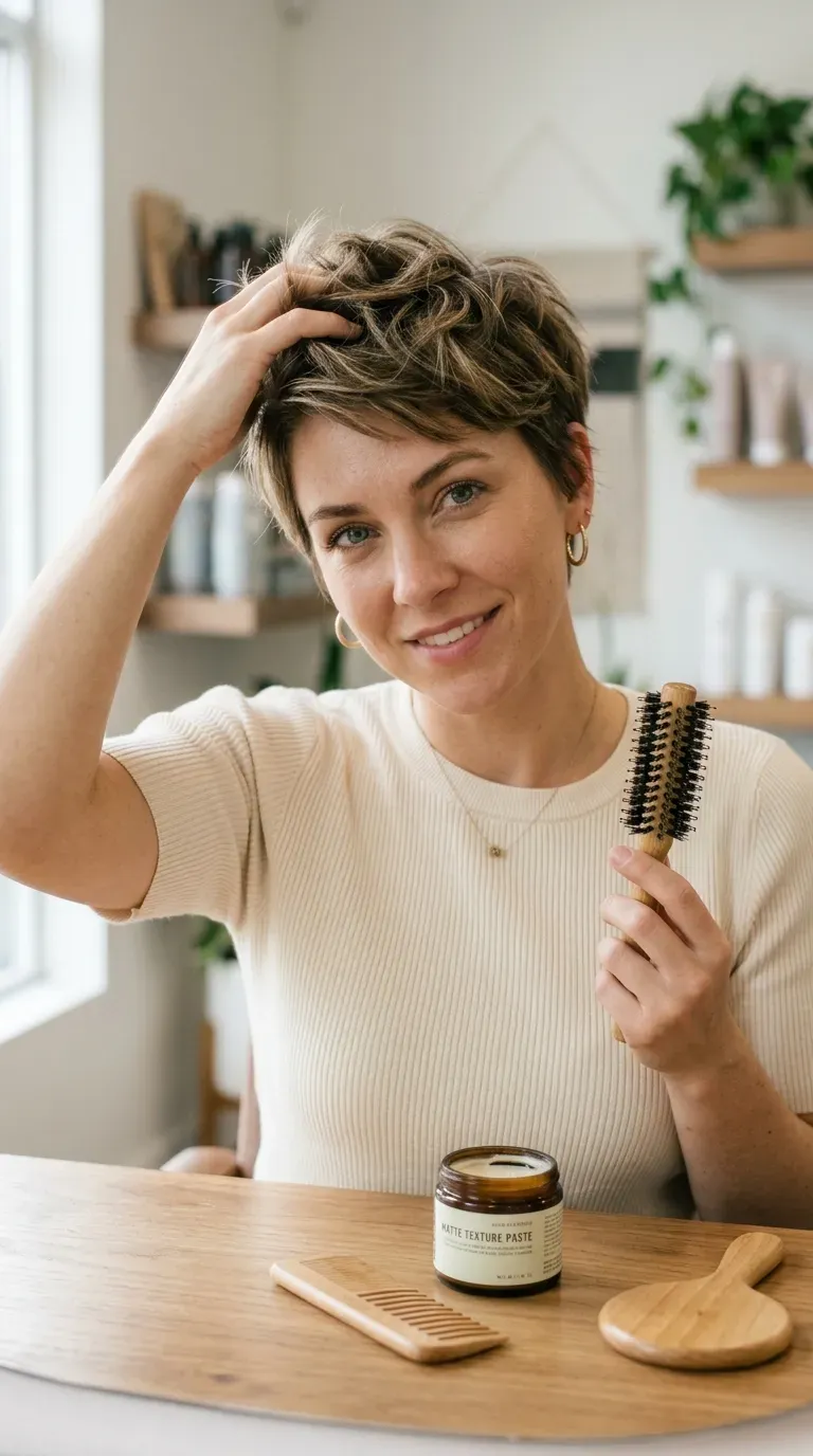 Woman with a textured pixie cut showing lifted volume on fine hair