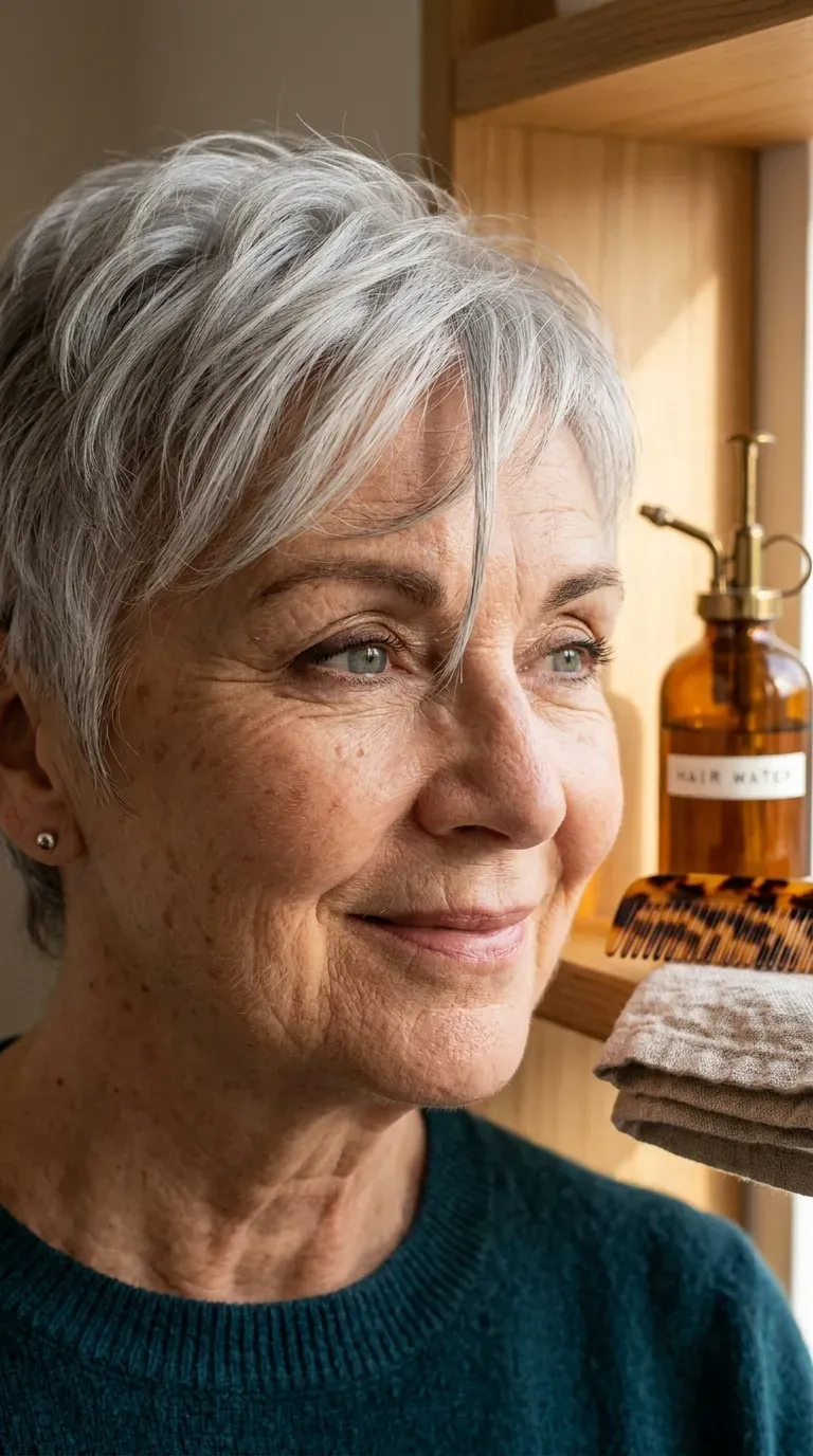 Close-up of a textured pixie with a soft fringe falling across the forehead