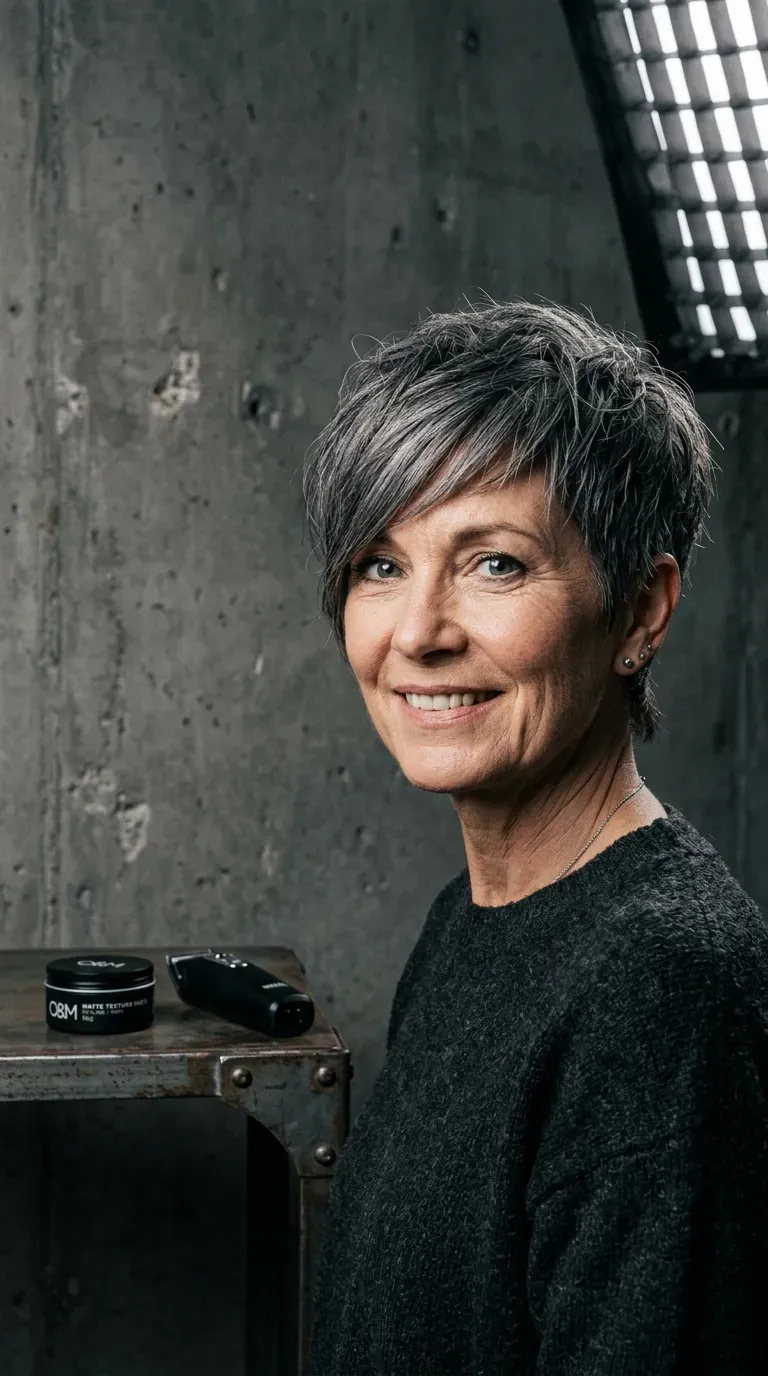 Woman over 60 with a short textured pixie cut and a longer layered fringe sweeping forward