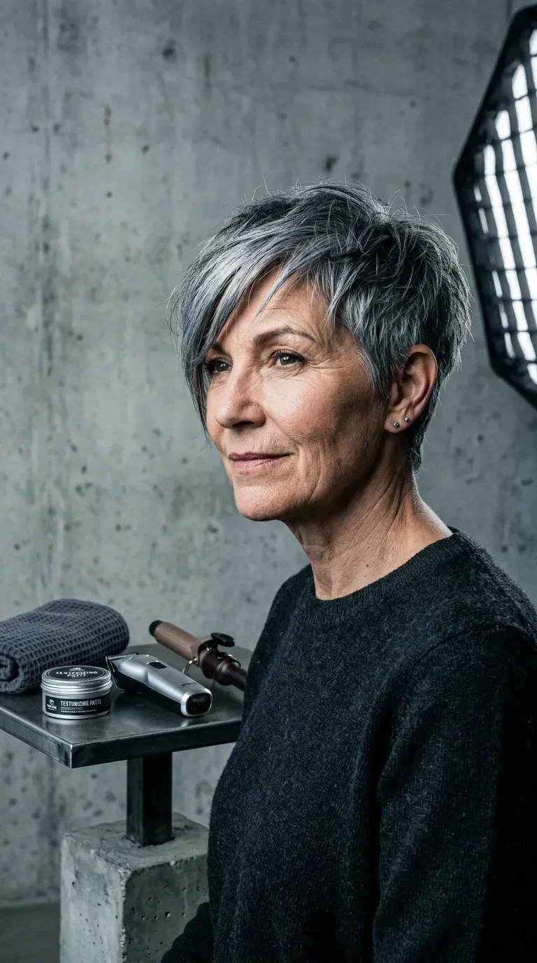 Older woman with a textured pixie cut and long front layers sweeping across the forehead