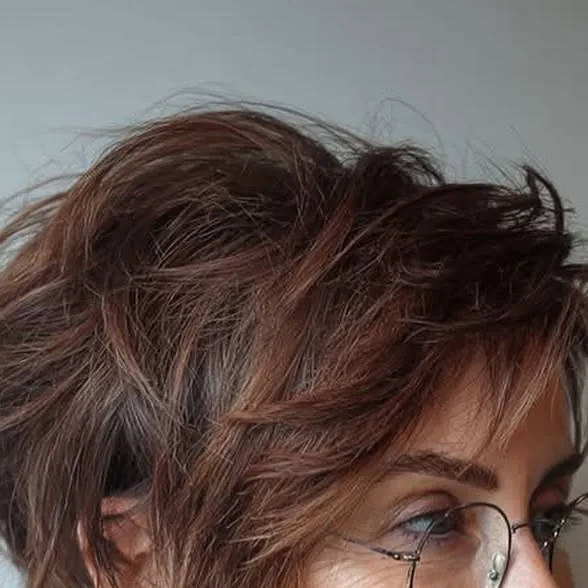 Woman over 50 with fine hair wearing a textured pixie cut styled with root lift