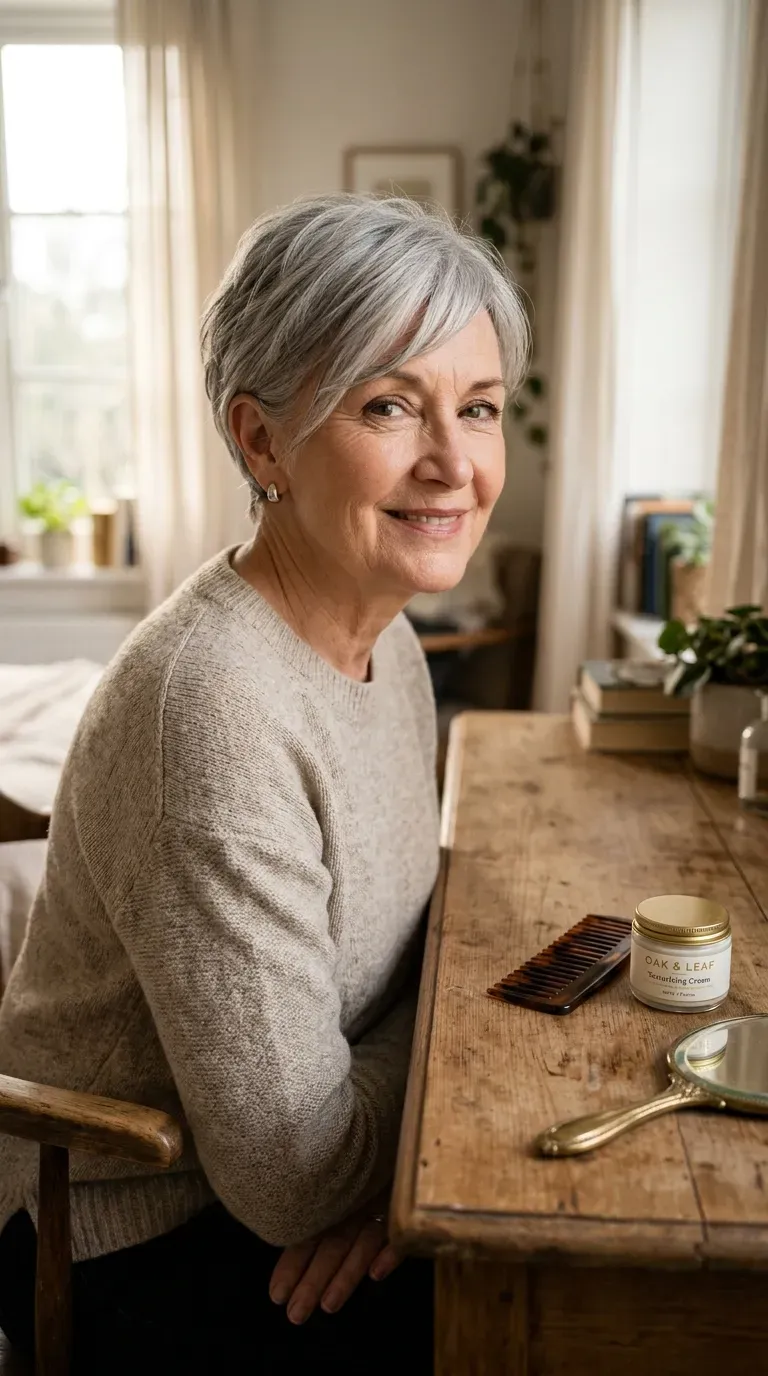 Woman over 60 with a textured pixie and a soft side fringe framing the face