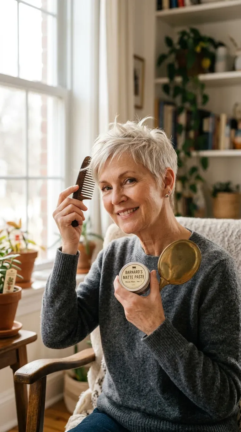 Older woman with short textured pixie haircut styled into soft upward spikes