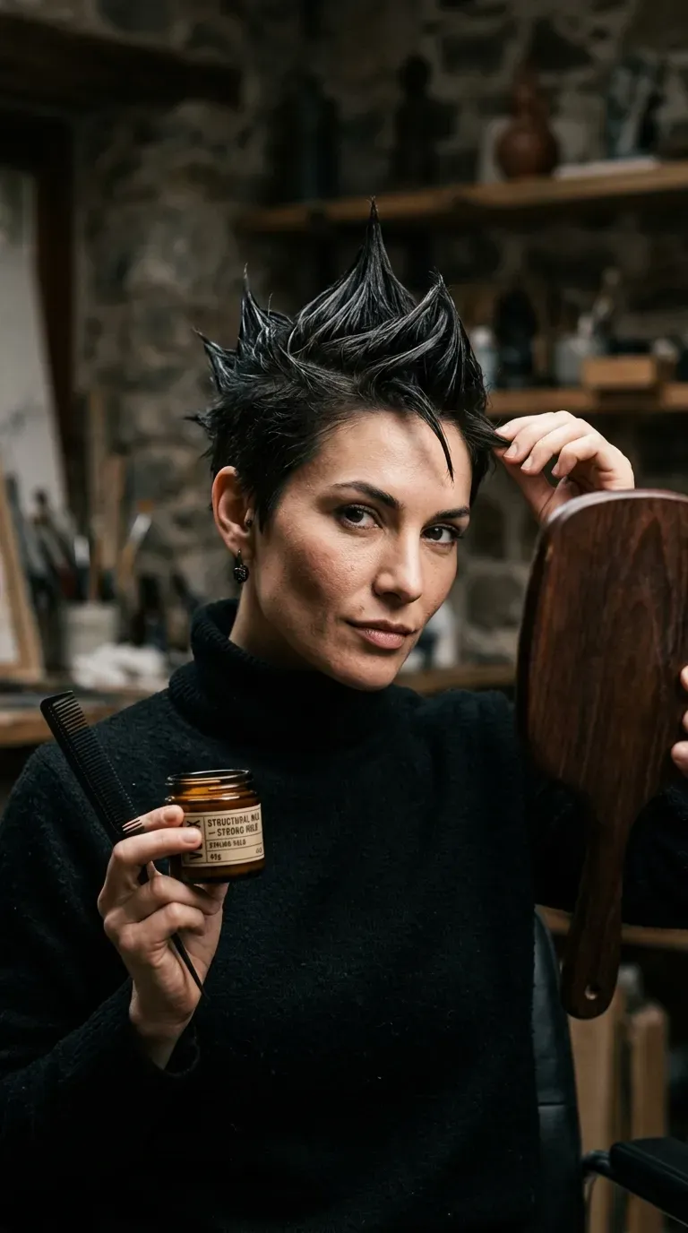 Textured spiky crop haircut with a single defined center point for older women