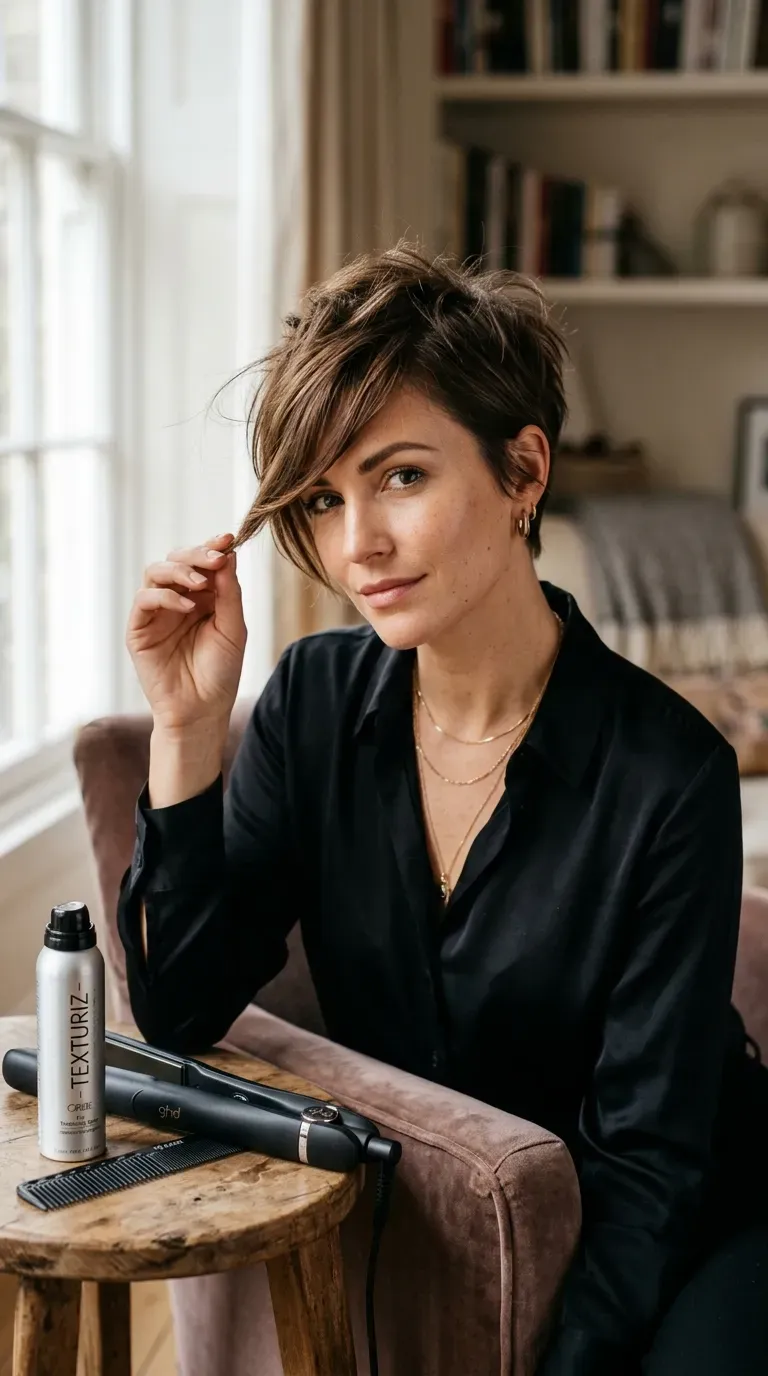 Textured spiky crop haircut with a long side-swept fringe for older women