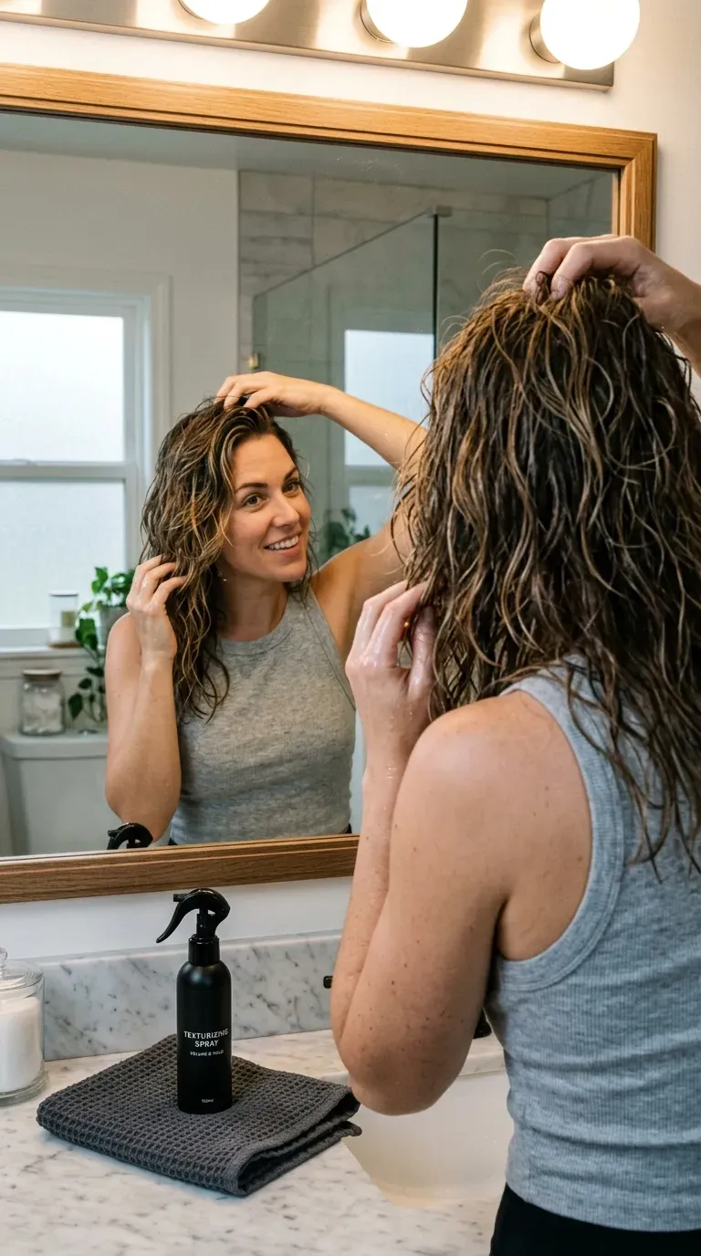 Woman over 40 scrunching sea salt spray into medium length layered hair