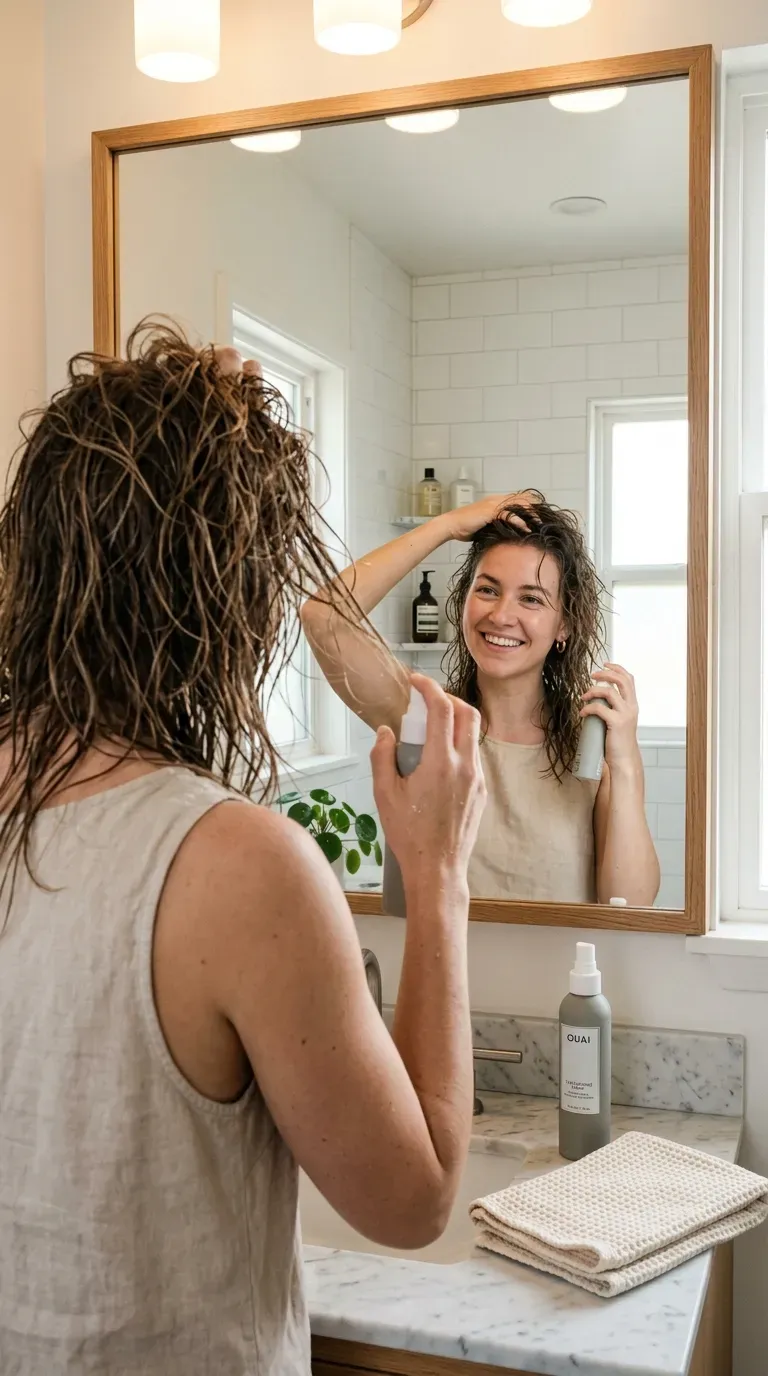 Woman over 50 scrunching sea salt spray into layered hair for undone texture