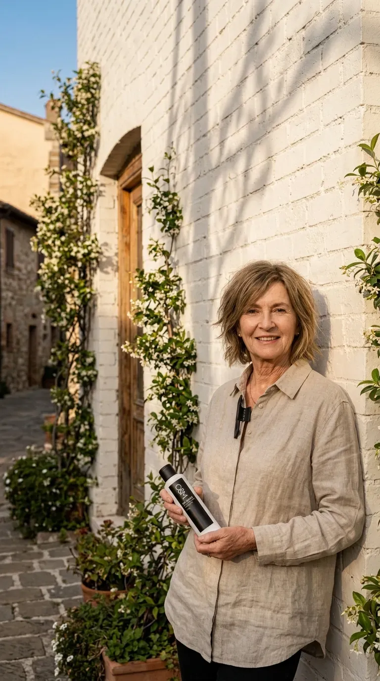 Older woman with piecey medium layered hair finished with dry texturizing spray for softness