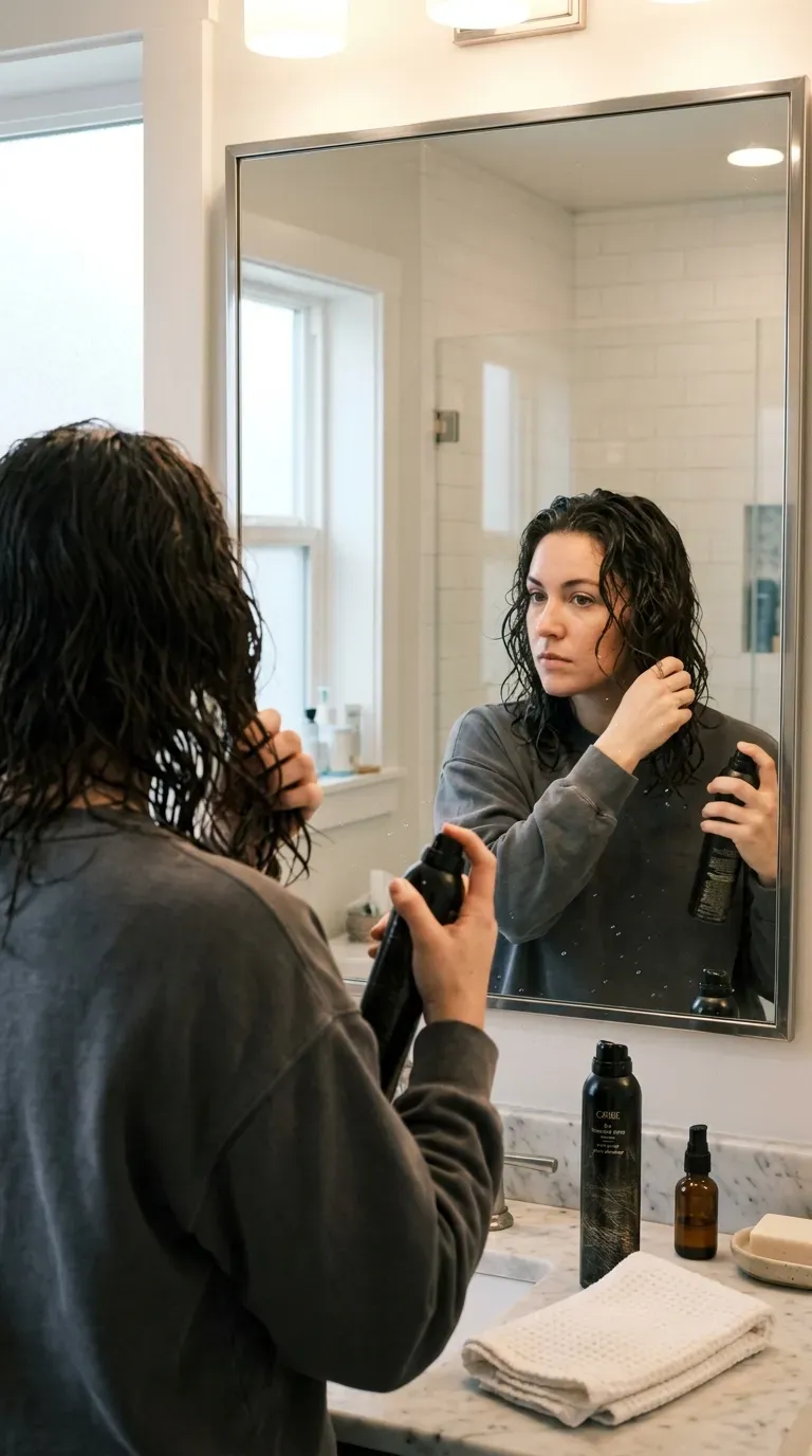 Woman over 60 applying texturizing spray to medium length hair for effortless grip