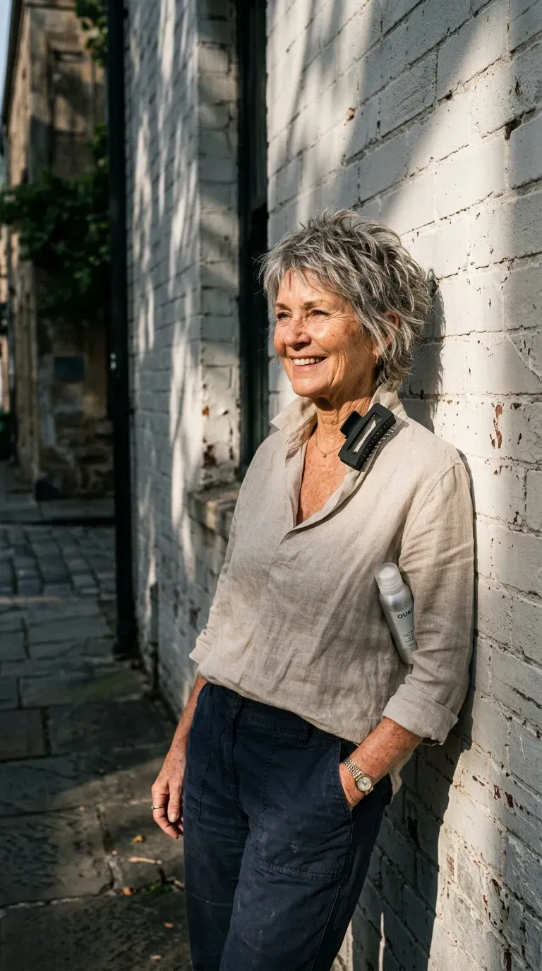 Older woman with piecey layered hair finished with dry texturizing spray for separation