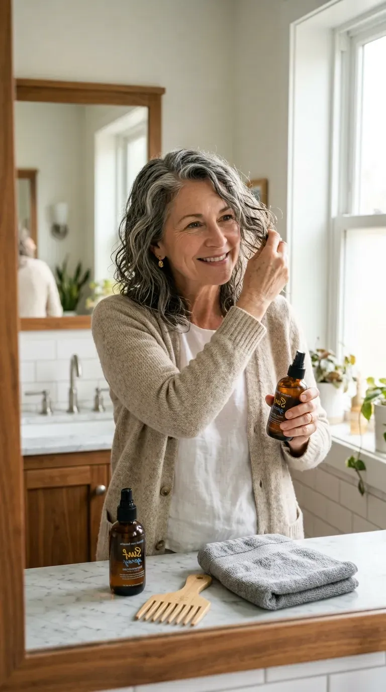 Woman over 50 scrunching texturizing spray into soft front layers for separation