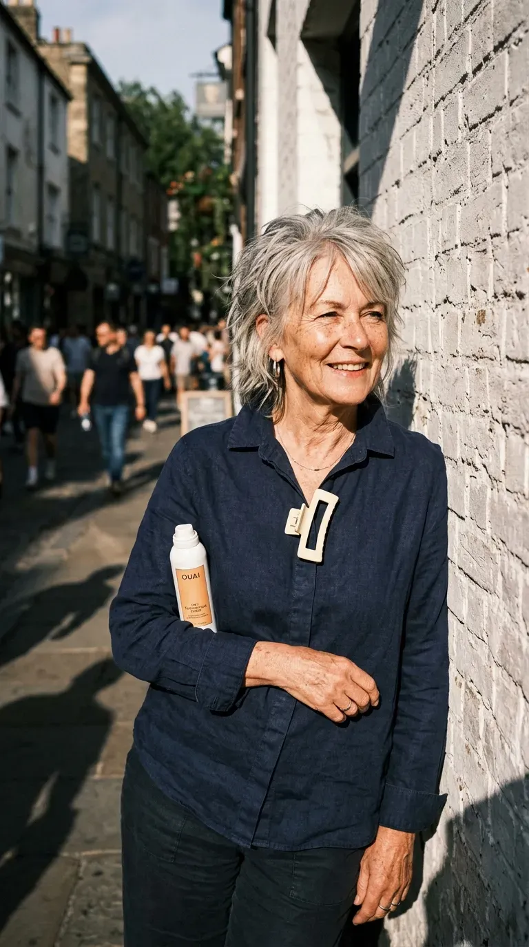 Older woman with piecey layered hair finished with dry texturizing spray for separation