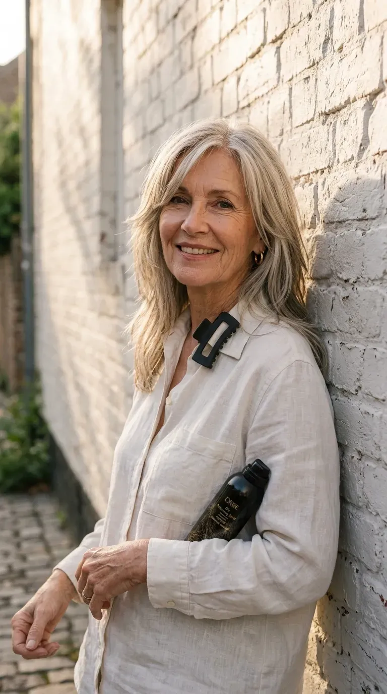 Older woman with piecey long layered hair finished with dry texturizing spray for separation