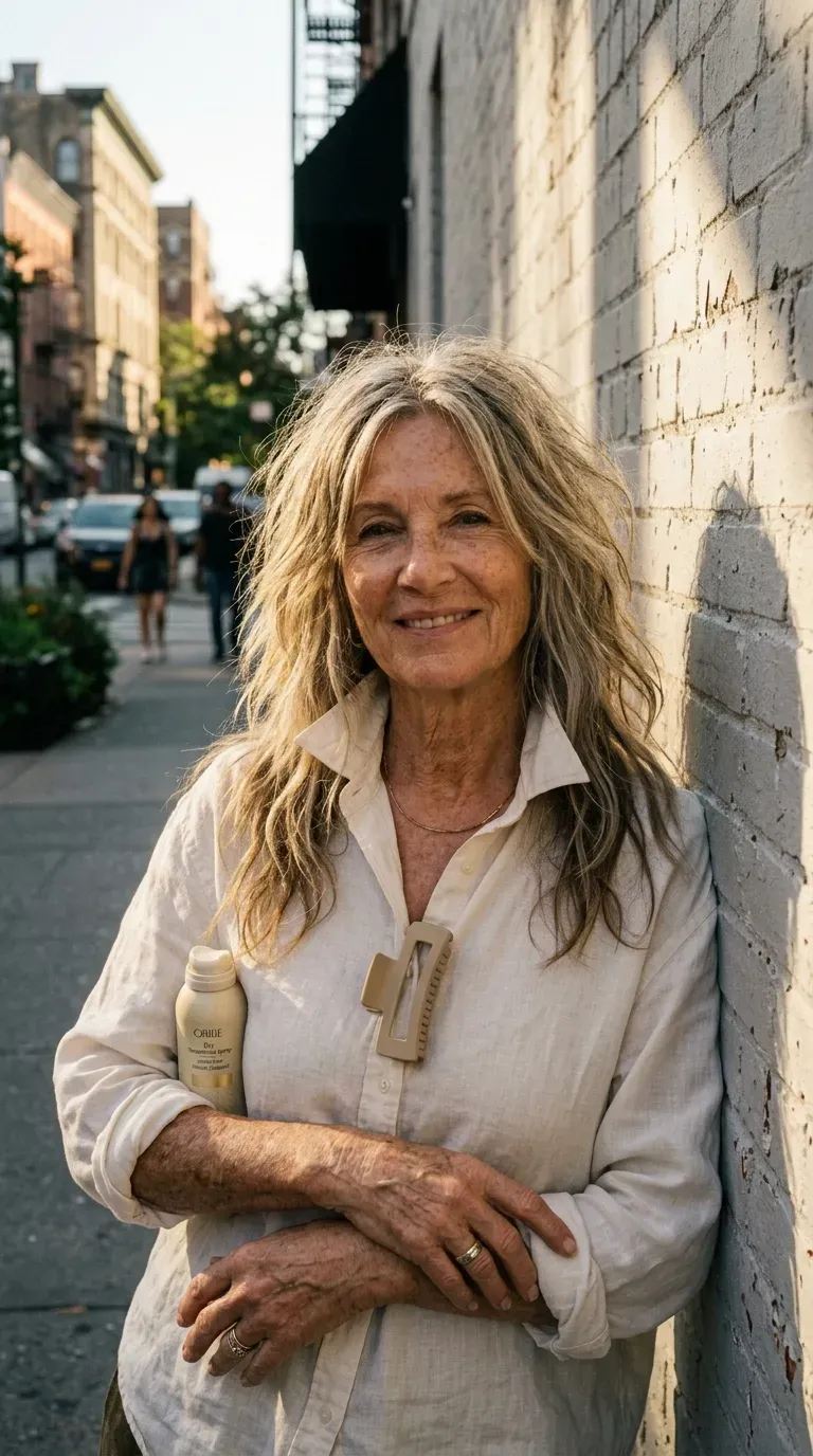 Older woman with piecey long layered hair finished with dry texturizing spray for separation