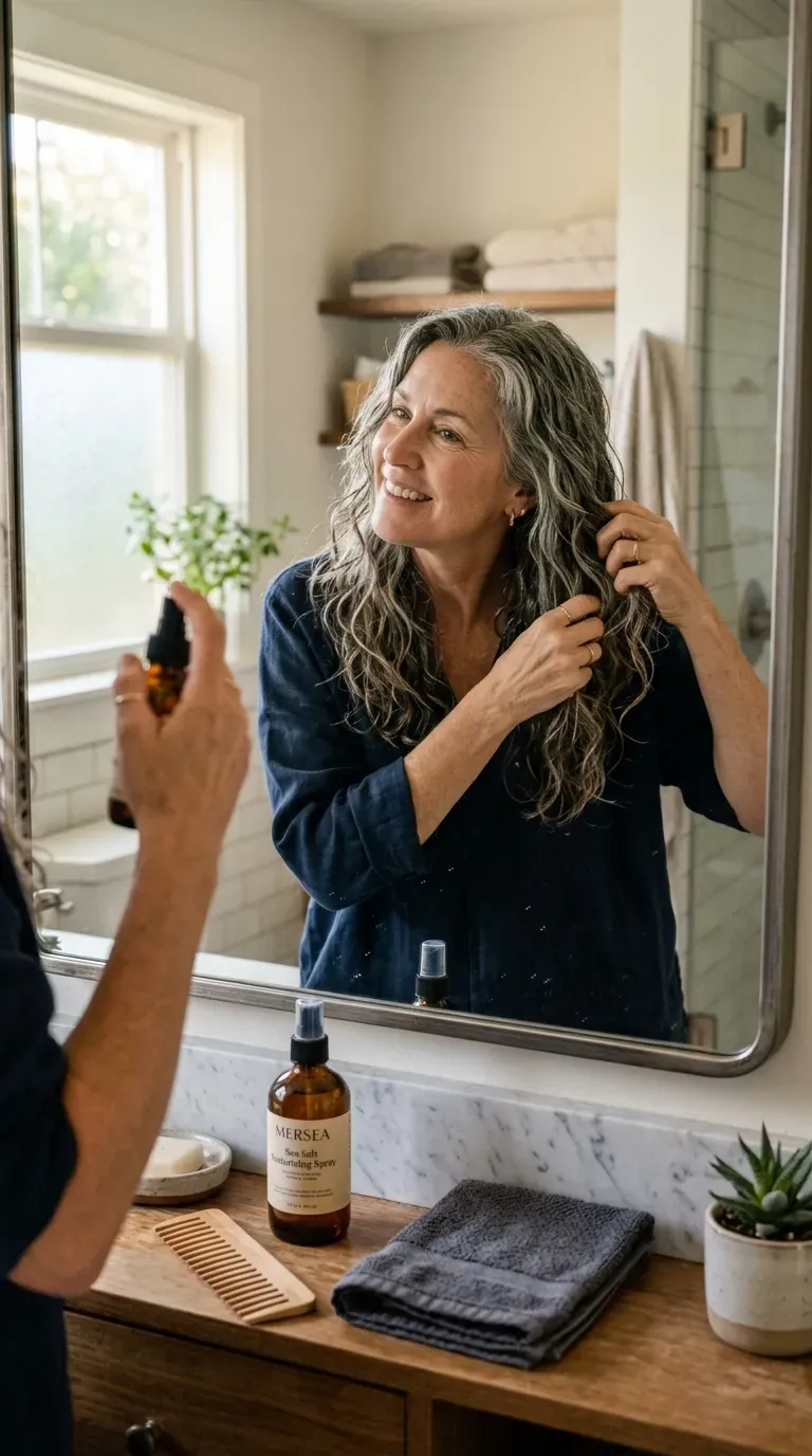 Woman over 50 scrunching texturizing spray into long layered wavy hair