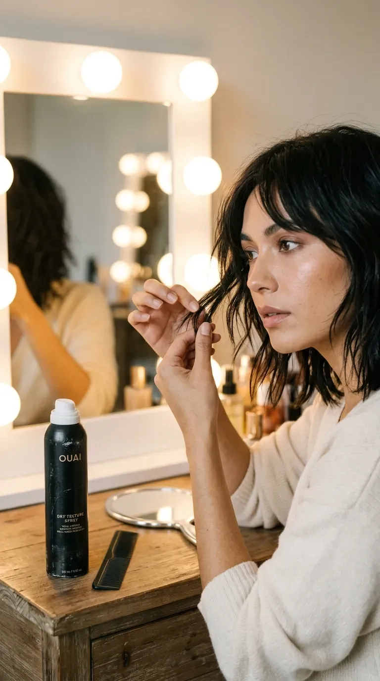 Woman with piece-y separated front layers styled using a texturizing spray