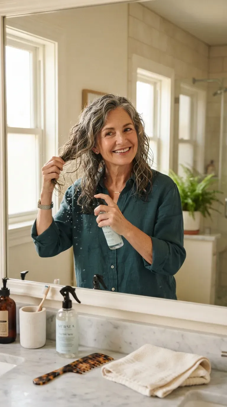 Woman over 50 scrunching texturizing spray into medium layered wavy hair