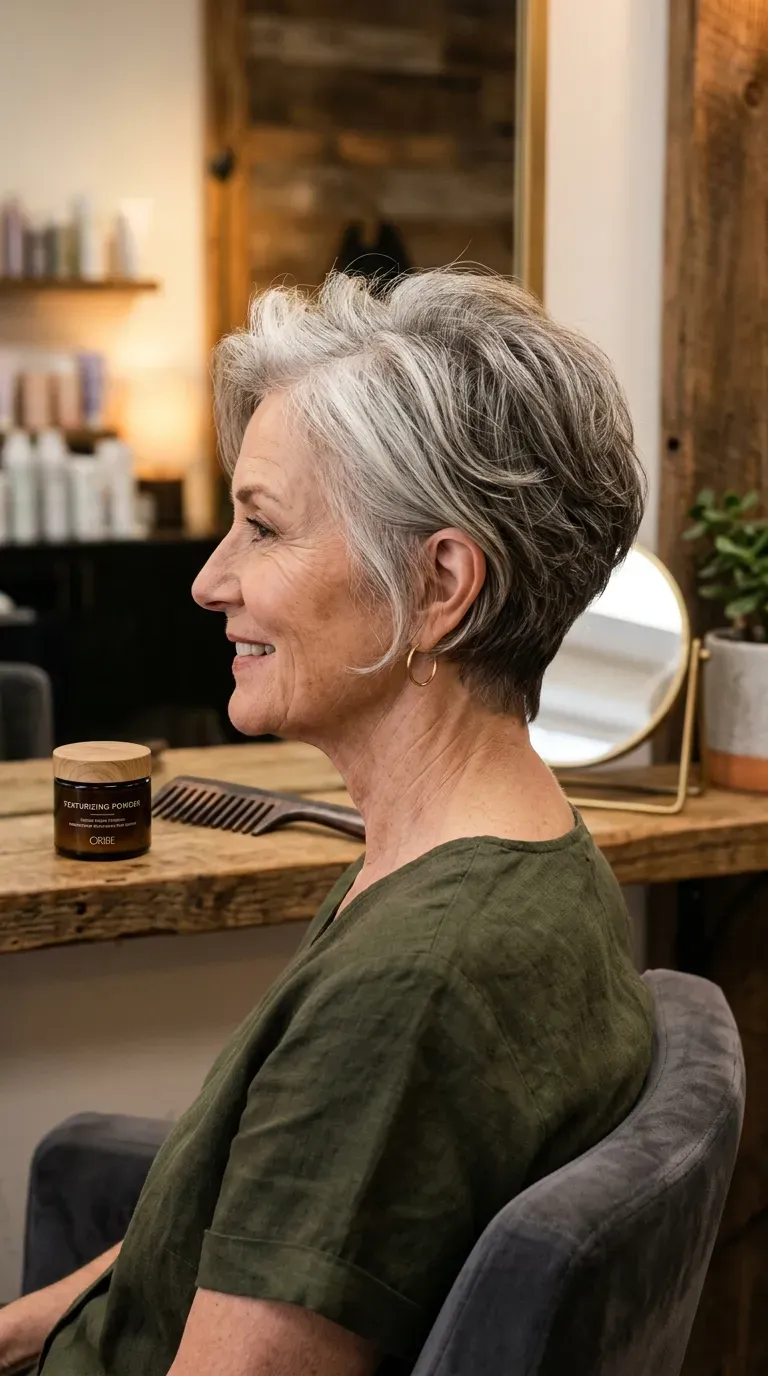 Woman over 70 with a pixie-bob hybrid haircut blending both short styles