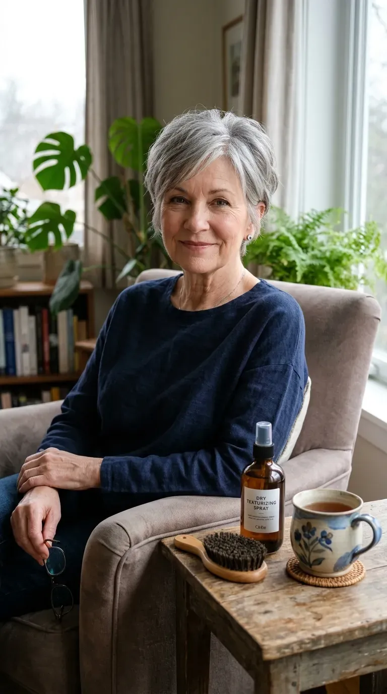 Woman over 60 with a timeless short layered crop styled with soft, classic movement