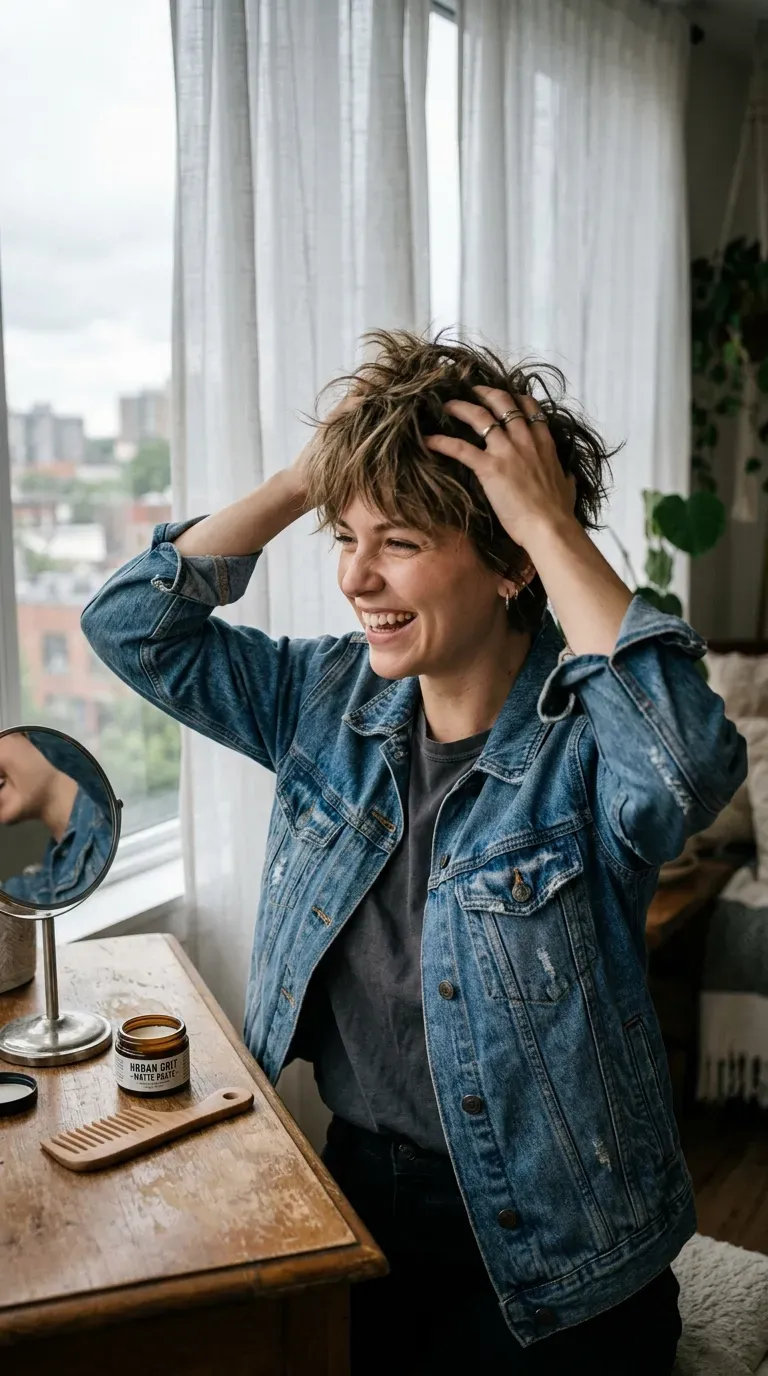 Woman with a tousled layered pixie showing a deliberately messy finish