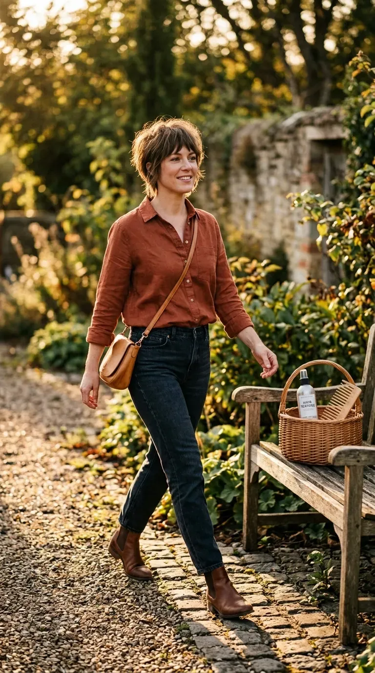 Woman with a tousled shag pixie and soft, textured bangs across the forehead