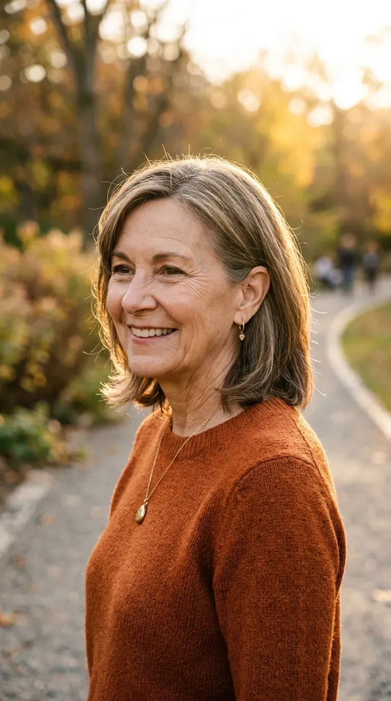 Older woman with layered hair tucked neatly behind one ear