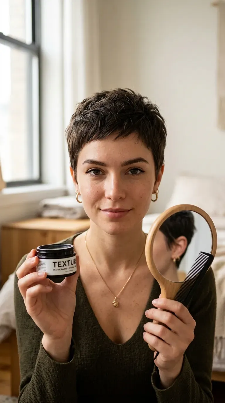 Woman with an ultra-short ear-length pixie showing bold volume for fine hair
