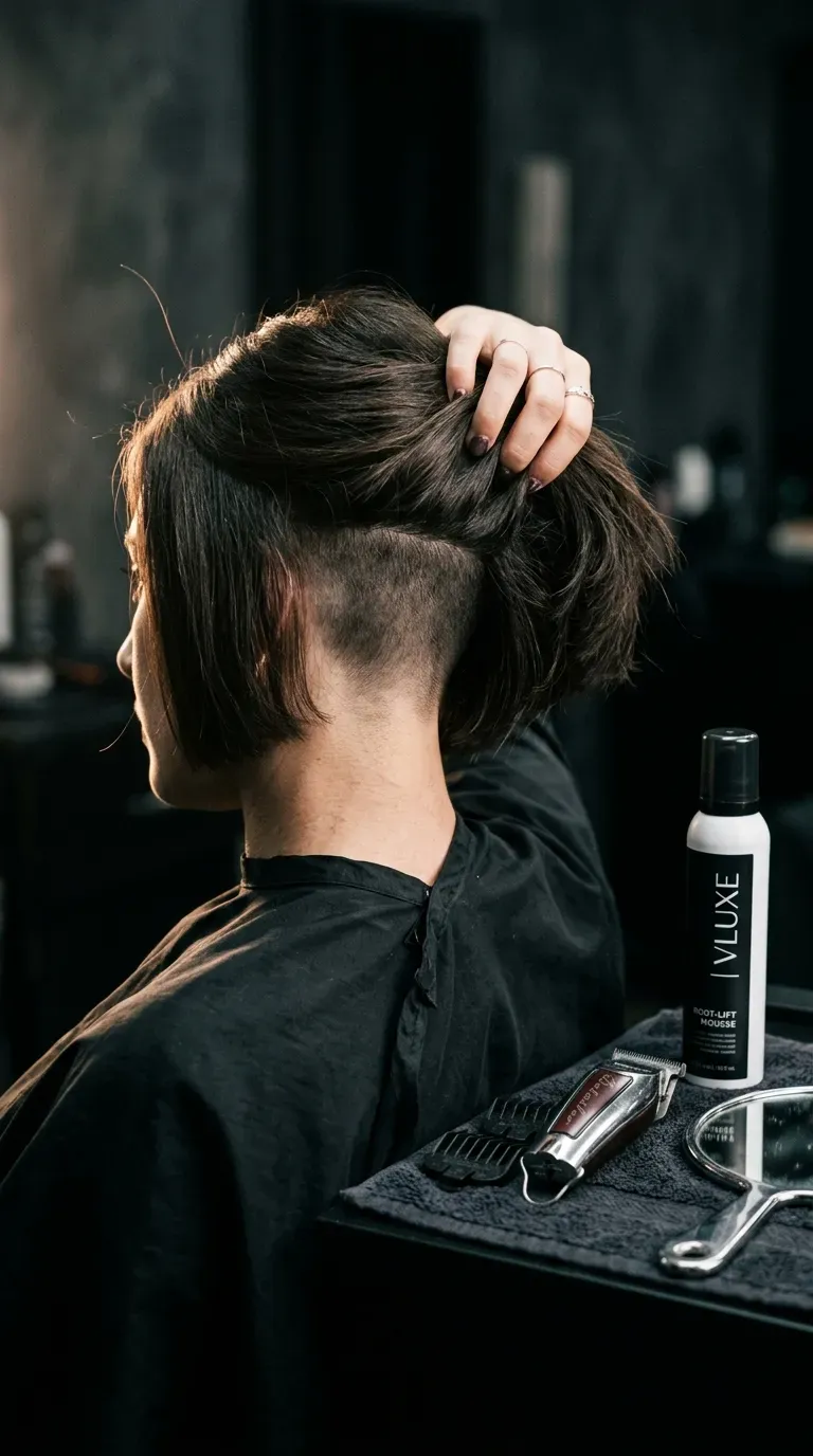 Woman with a short bob and undercut nape showing lifted root volume