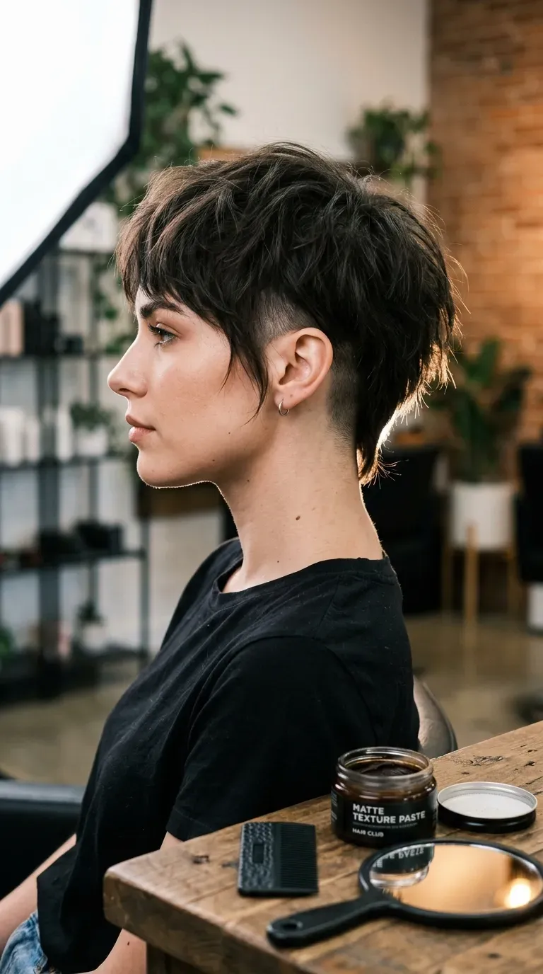 Side view of a shaggy pixie haircut with a subtle undercut at the sides