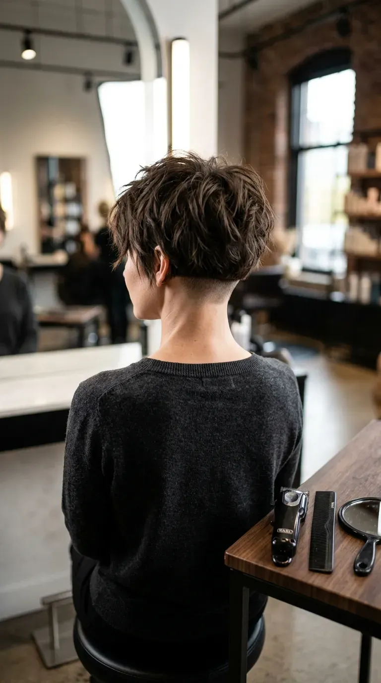 Woman with a short shag featuring a subtle undercut at the nape