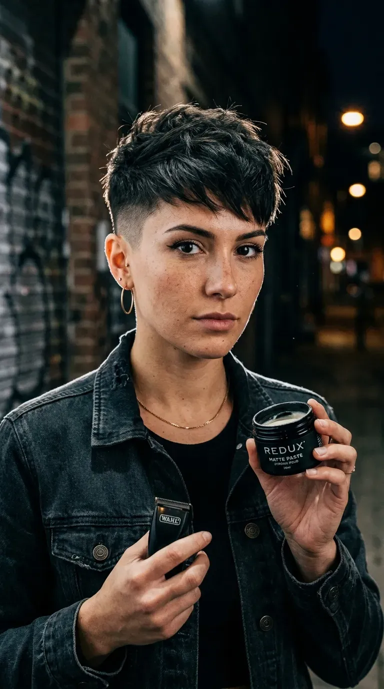 Woman with a cropped pixie and undercut sides showing contrast and volume