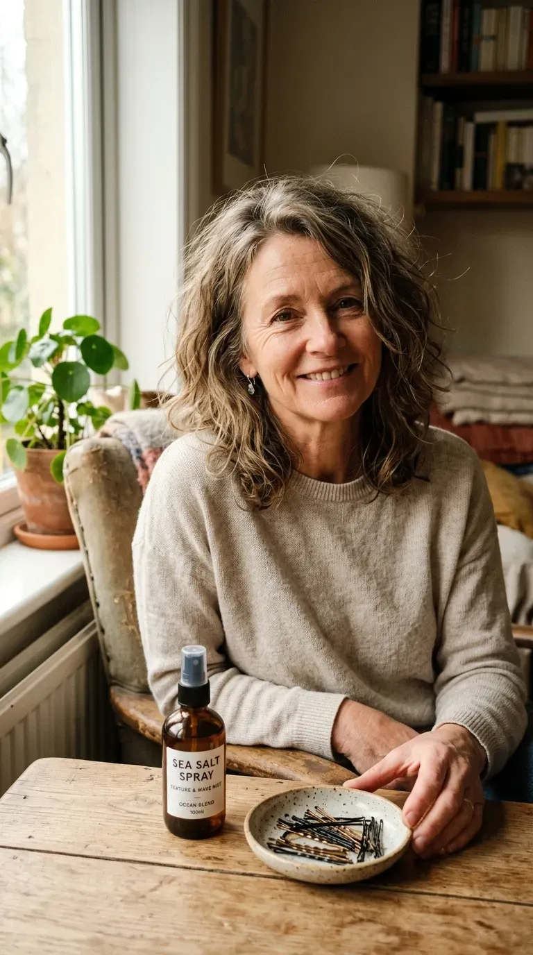 Woman over 60 with an undone, textured choppy long bob